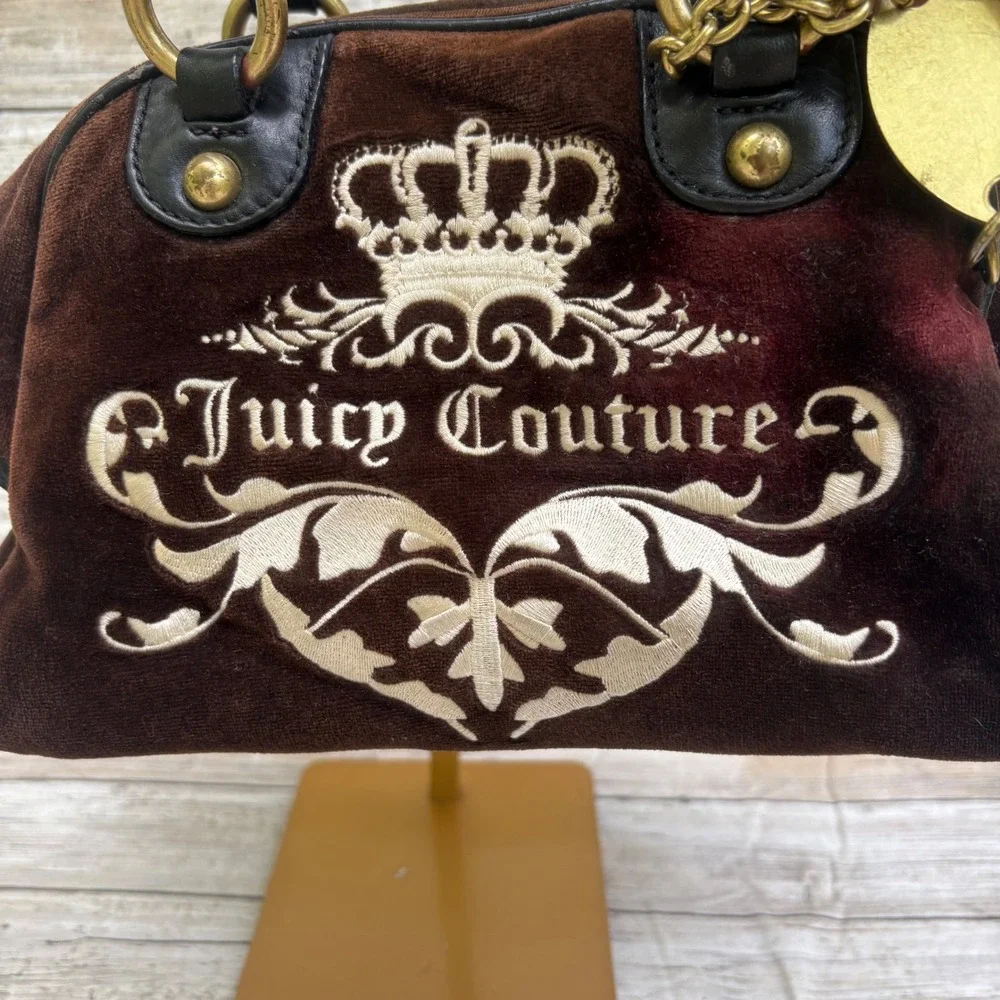 Juicy‎ Couture Royal Bowler Bag Brown Velour Y2K Crown Logo Gold Hardware  Fair